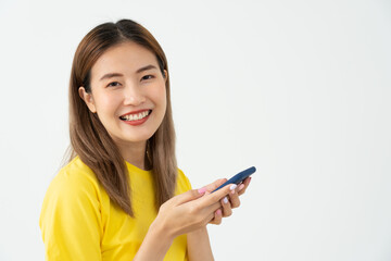 Happy woman, Portrait of smiling Asia girl using mobile phone, freelance, out site, research, copy space, happy cheerful cute business, positive energy, female executive, attractive, expression,
