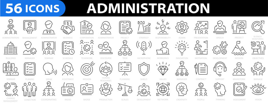 Administration 56 icon set. Management icons. Business or organization icon collection. Teamwork, strategy, marketing, business, planning, training, admin, presentation and more. Vector illustration