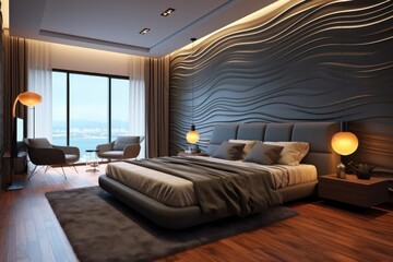 Upscale hotel bedroom oasis with stylish hardwood floors, elegant LED lighting, and a touch of luxury.