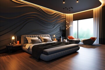Upscale hotel bedroom oasis with stylish hardwood floors, elegant LED lighting, and a touch of luxury.