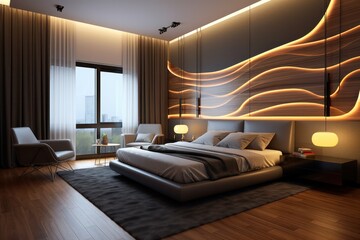 Elegant hotel bedroom with luxurious amenities, warm hardwood floors, and modern LED lighting - 601686464
