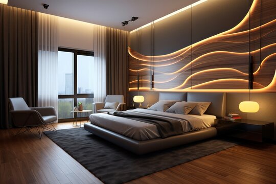 Elegant hotel bedroom with luxurious amenities, warm hardwood floors, and modern LED lighting