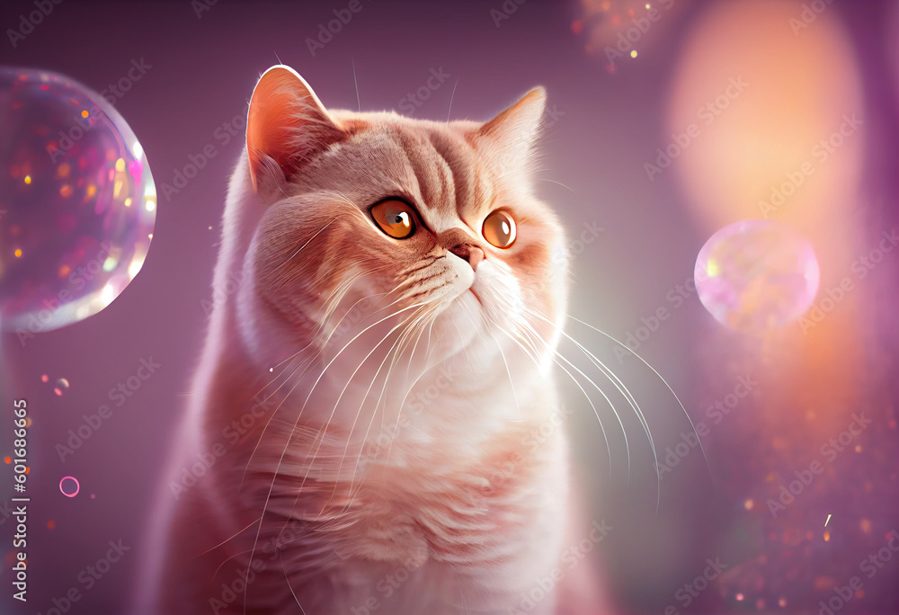 Poster British Shorthair cat from smooth elegant transparent fabric on bright bokeh background 3d pink and peach colors. 
Generative AI technology.