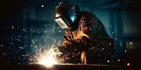 Fototapeta na wymiar Welder is welding metal , industry them bokeh and sparkle background. Ai generative illustration.