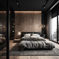 Elegant Bedroom design with Luxurious Furnishings, Natural Light, and Sophisticated Decor..