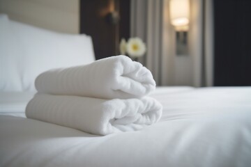 Fototapeta na wymiar bedchamber bed comfortable welcome towel flower bath window spa modern. Generative AI.