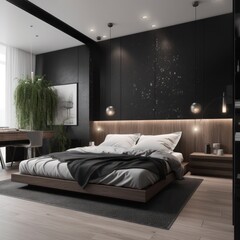 Sleek Designer Bedroom with Luxurious Accents and Modern Furniture in a Sunlit Space.
