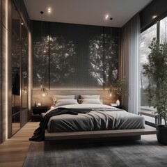 Elegant Bedroom design with Luxurious Furnishings, Natural Light, and Sophisticated Decor..