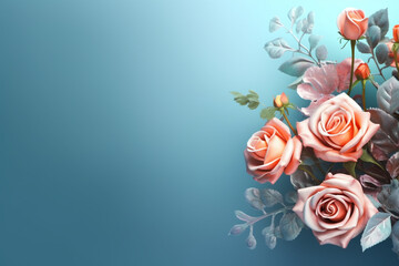decorative arrangement of roses on a blue background with space to insert. Generative Ai. 