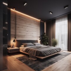 Elegant Bedroom with Sleek Designer Furnishings, Hardwood Floors, and Sophisticated LED Lighting