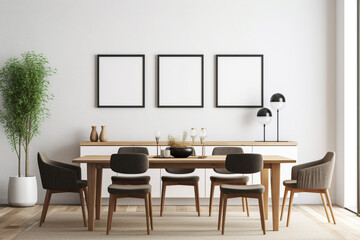dining room with a table, three empty frames for poster mockups hang on the wall. Generative Ai. 
