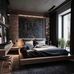 Exquisite Bedroom Haven: Hardwood Floors, LED Illumination, Luxurious Textures, and Sleek Designer Details