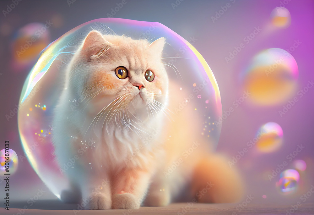Poster ragdoll cat from smooth elegant transparent fabric on bright bokeh background 3d pink and peach colo