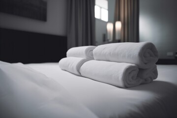 Fototapeta na wymiar white room home service luxury fresh resort hotel bed towel. Generative AI.