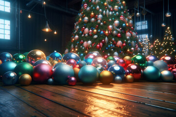 Fototapeta na wymiar beautiful Christmas card, a lot of colorful Christmas balls under the tree. Generative Ai. 