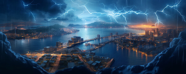 a strong thunderstorm with lightning is approaching the city. Generative Ai. 