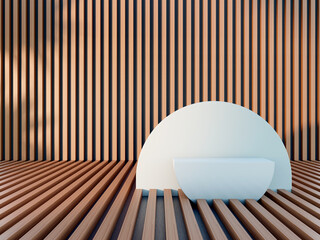 Beauty product ceramic half circle shaped stages, wedges. On wood acoustic fluted wood panel, wooden black back material. Similar wooden floor. © RTMC