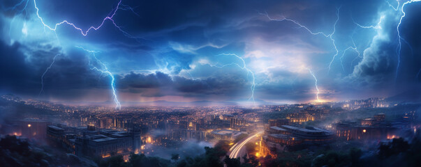 lightning over the night city. Generative Ai. 