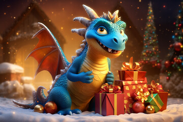 funny cheerful cartoon dragon with a set of gifts near the Christmas tree. Generative Ai. 