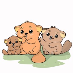 three beavers, beaver family illustration, cute beavers