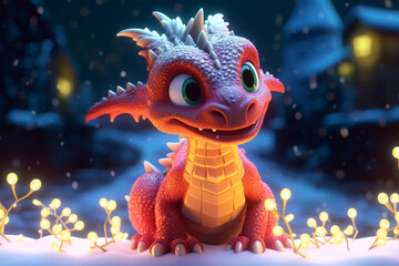 christmas card with red cartoon baby dragon. Generative Ai. 