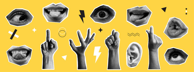 Set of hands, lips, eyes and ears. Isolated background. Collage elements for a message using the hand, eyes and mouth with the tongue. Vintage vector set with dotted pop art
