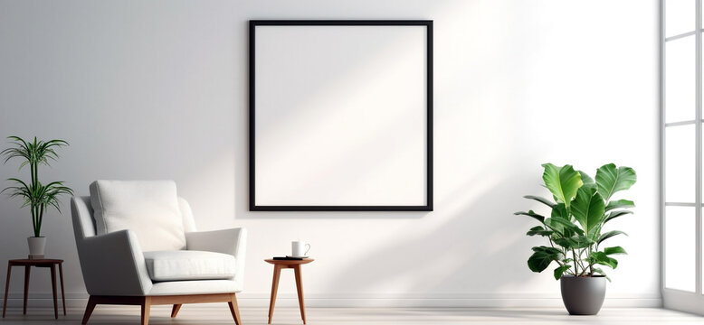 white room with a large picture frame and two chairs. Generative Ai