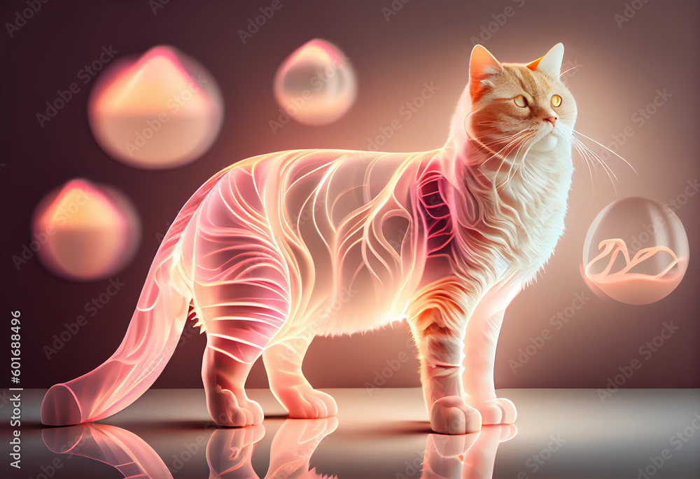 Poster japanese bobtail cat from smooth elegant transparent fabric on bright bokeh background 3d pink and p