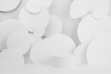 White soft light abstract stage with one cylinder podium mockup with soar circles as decoration in futuristic simple style for presentation cosmetic products, goods, design.