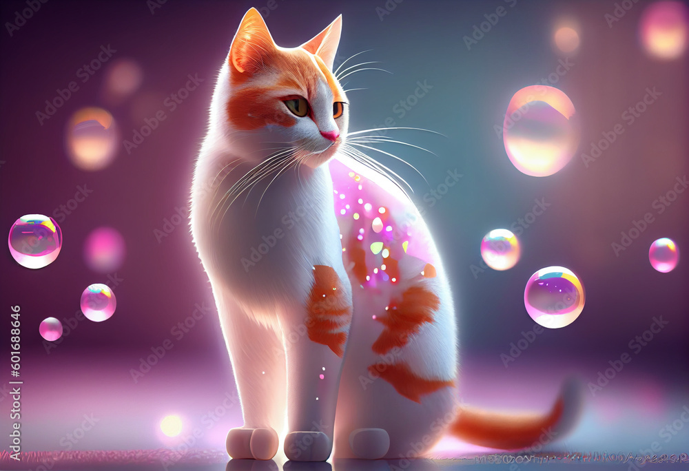 Aufkleber Turkish Van cat from smooth elegant transparent fabric on bright bokeh background 3d pink and peach colors. 
Generative AI technology.