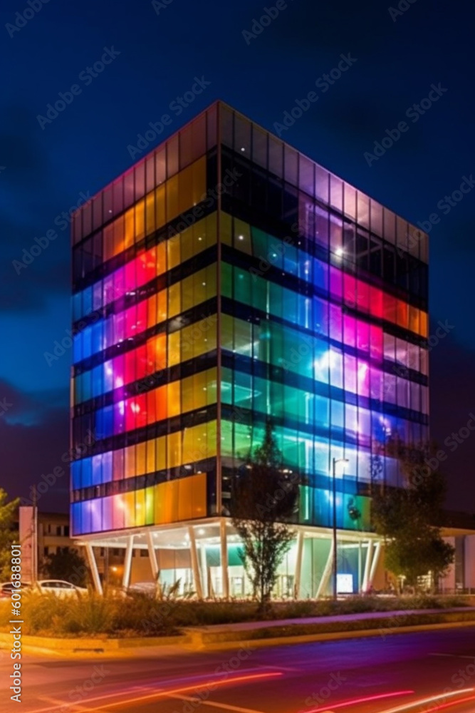 Aufkleber futuristic-looking office building with a distinctively curved facade.  Generative AI technology.