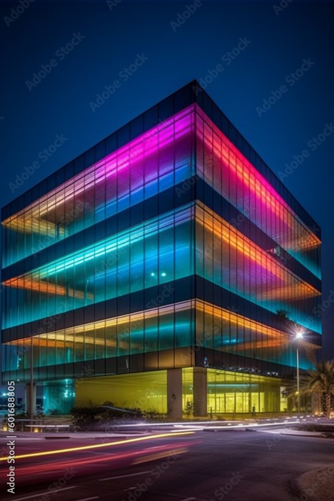 Poster futuristic-looking office building with a distinctively curved facade. generative ai technology.