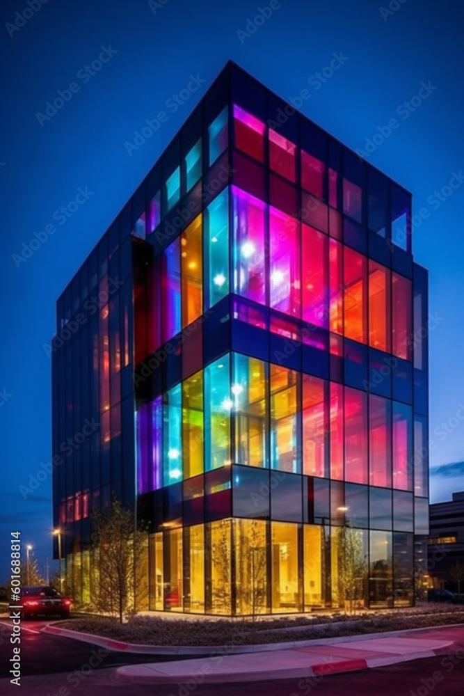 Poster futuristic-looking office building with a distinctively curved facade. generative ai technology.