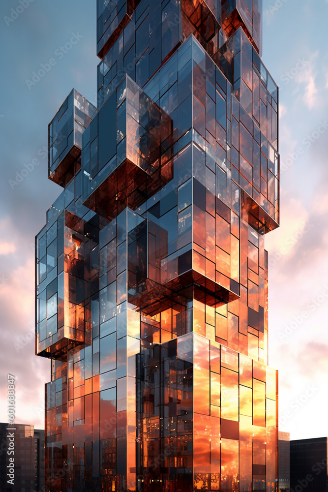 Aufkleber a sleek, minimalist building with a façade made of large glass panels and a geometric pattern.genera