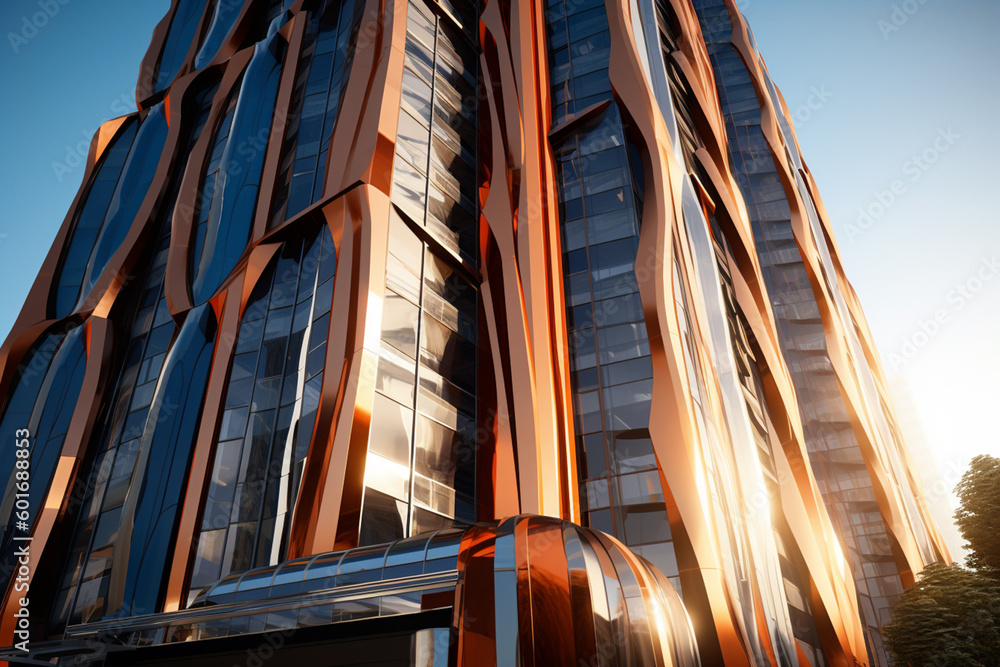 Poster An innovative high-rise with a distinctive exterior made up of a series of overlapping metal panels.Generative AI technology.