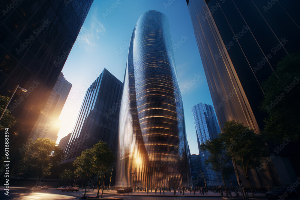 Poster a towering skyscraper with a curved façade that creates a sense of fluidity and movement. generative