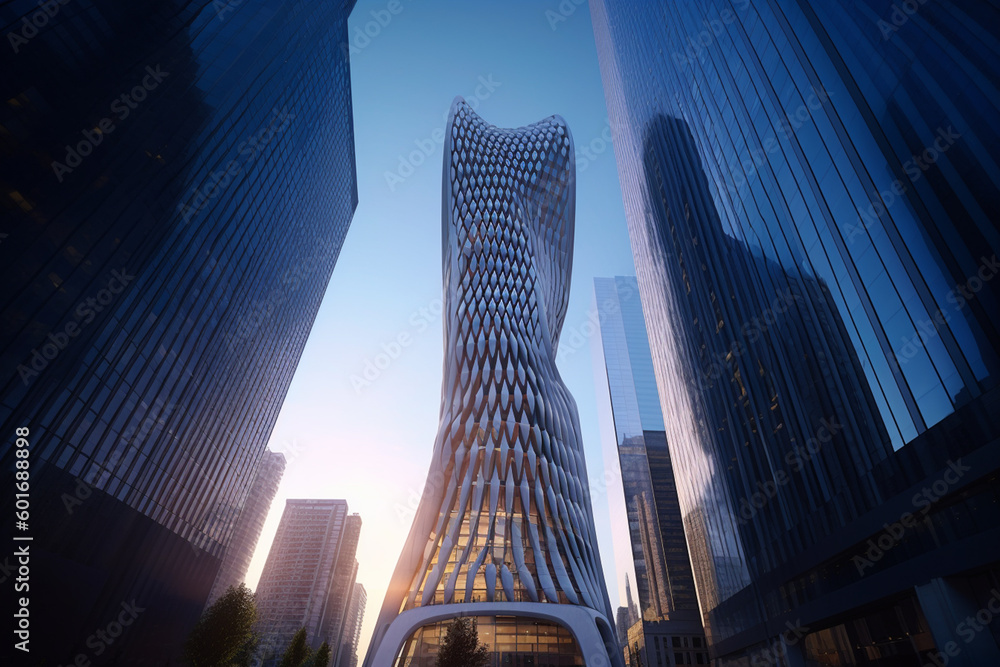 Poster a towering skyscraper with a curved façade that creates a sense of fluidity and movement. generative