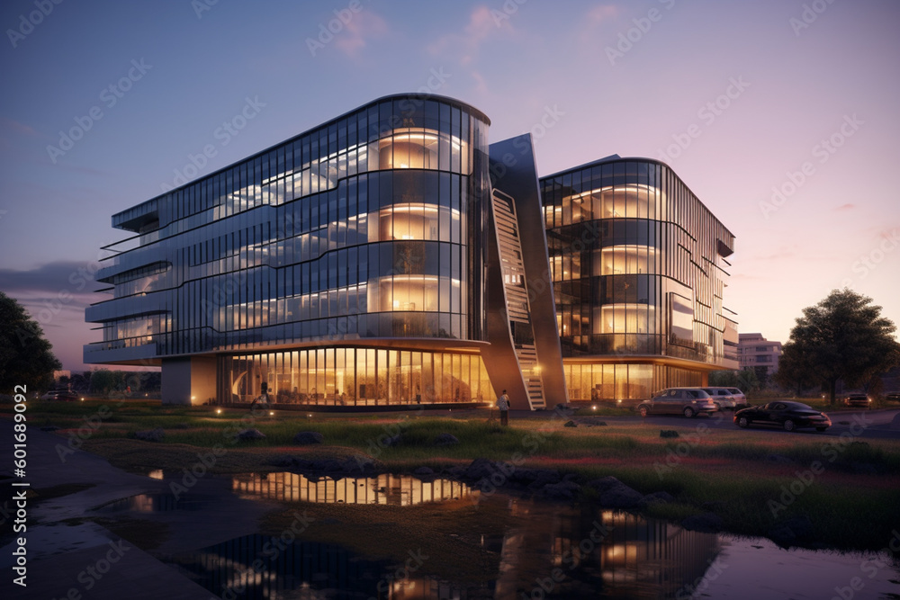 Poster a high-tech office complex with a façade that incorporates innovative, energy-efficient technologies
