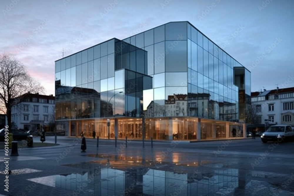 Poster a building with a façade made entirely of reflective glass, creating a striking mirror-like effect. 