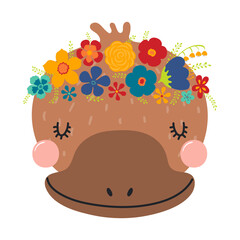 Cute funny platypus face in flower crown, floral wreath cartoon character illustration. Hand drawn Scandinavian style flat design, isolated vector. Kids print element, summer blooms, blossoms