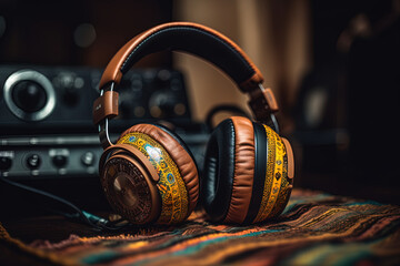 Headphones on top of the table, copy space and blurred background