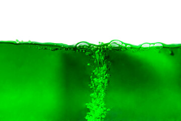 Close-up shot of green soda drink with bubbles on white background. Isolated	