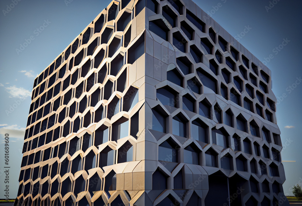 Poster a glass-walled structure with a façade that incorporates a unique pattern of textured and clear glas