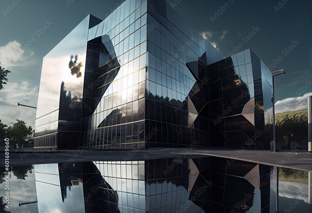 Poster a modern tower with a façade that incorporates a series of angled metal panels, creating a dynamic s