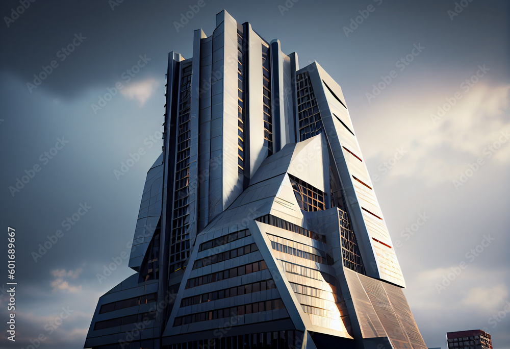 Poster a modern tower with a façade that incorporates a series of angled metal panels, creating a dynamic s