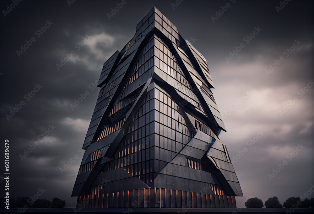 Poster a high-tech office building with a façade that incorporates a series of energy-efficient technologie