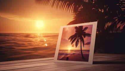 Beach greeting card with dreamy design, palm trees and beautiful sunset view for romantics