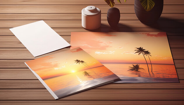 Top view with greeting card with images of sunset on the beach on top of the table