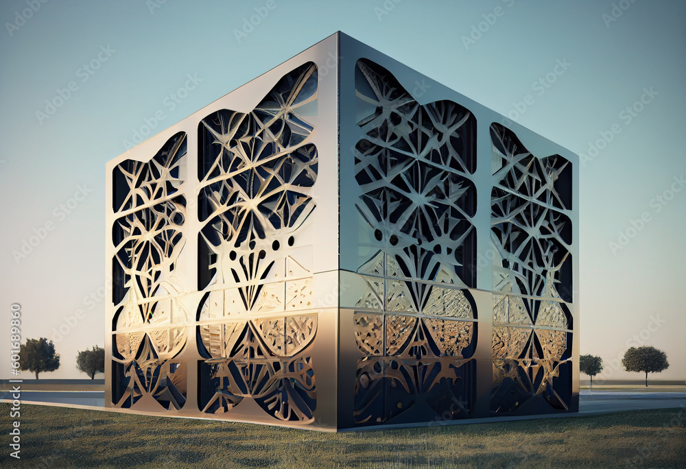 Poster a modern tower with a façade that incorporates a series of undulating metal fins. generative ai tech