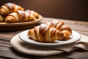 Croissants on a plate on a wooden table generative ai